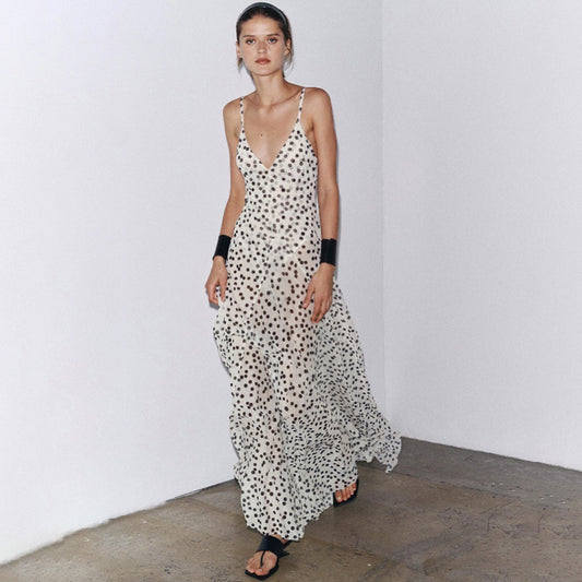 Street Shot Polka Dot Print Sleeveless Sling High Waist Dress