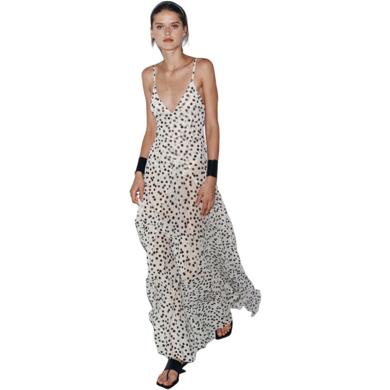 Street Shot Polka Dot Print Sleeveless Sling High Waist Dress