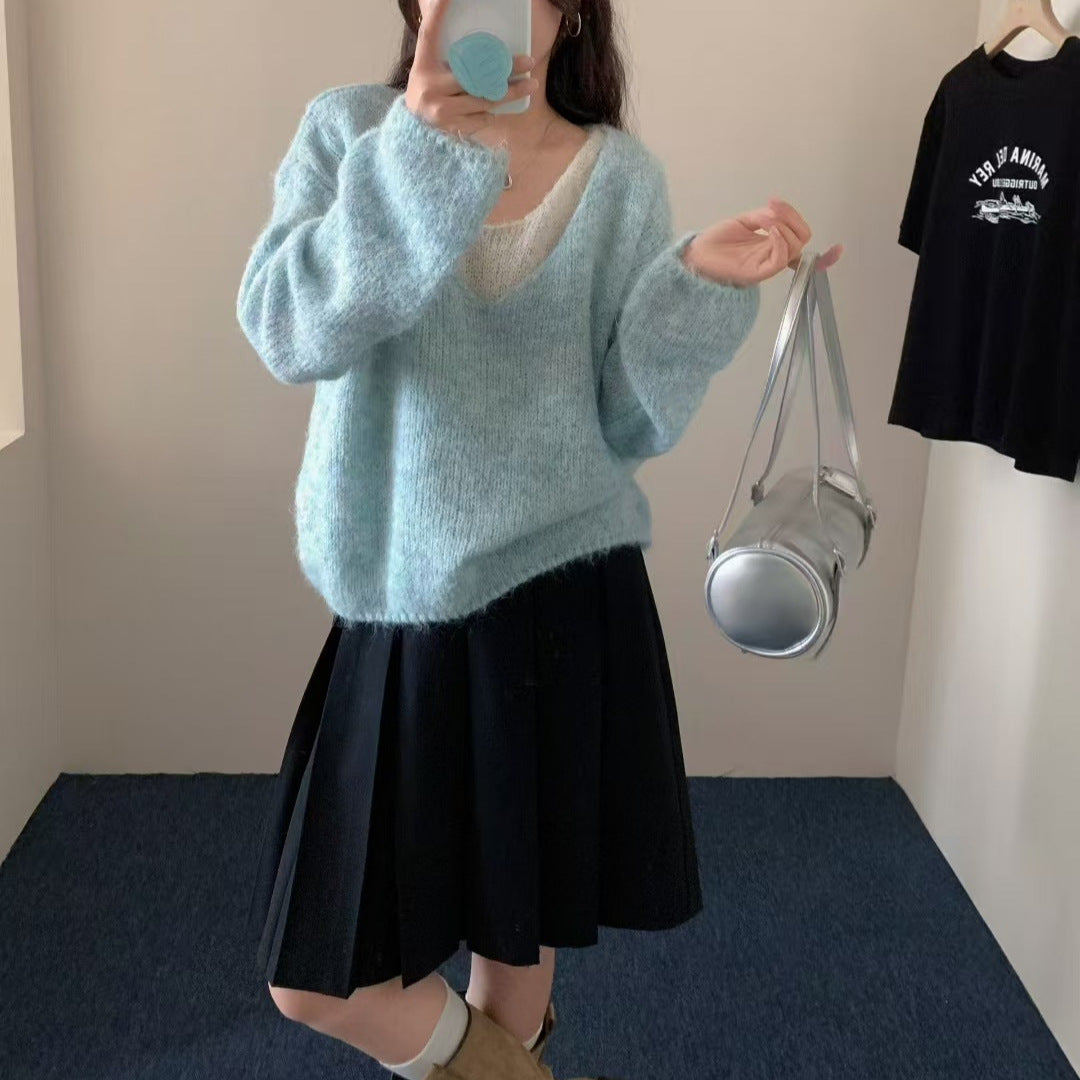 Laid-back Preppy Style Fake Two-piece Knitted Sweaters Top