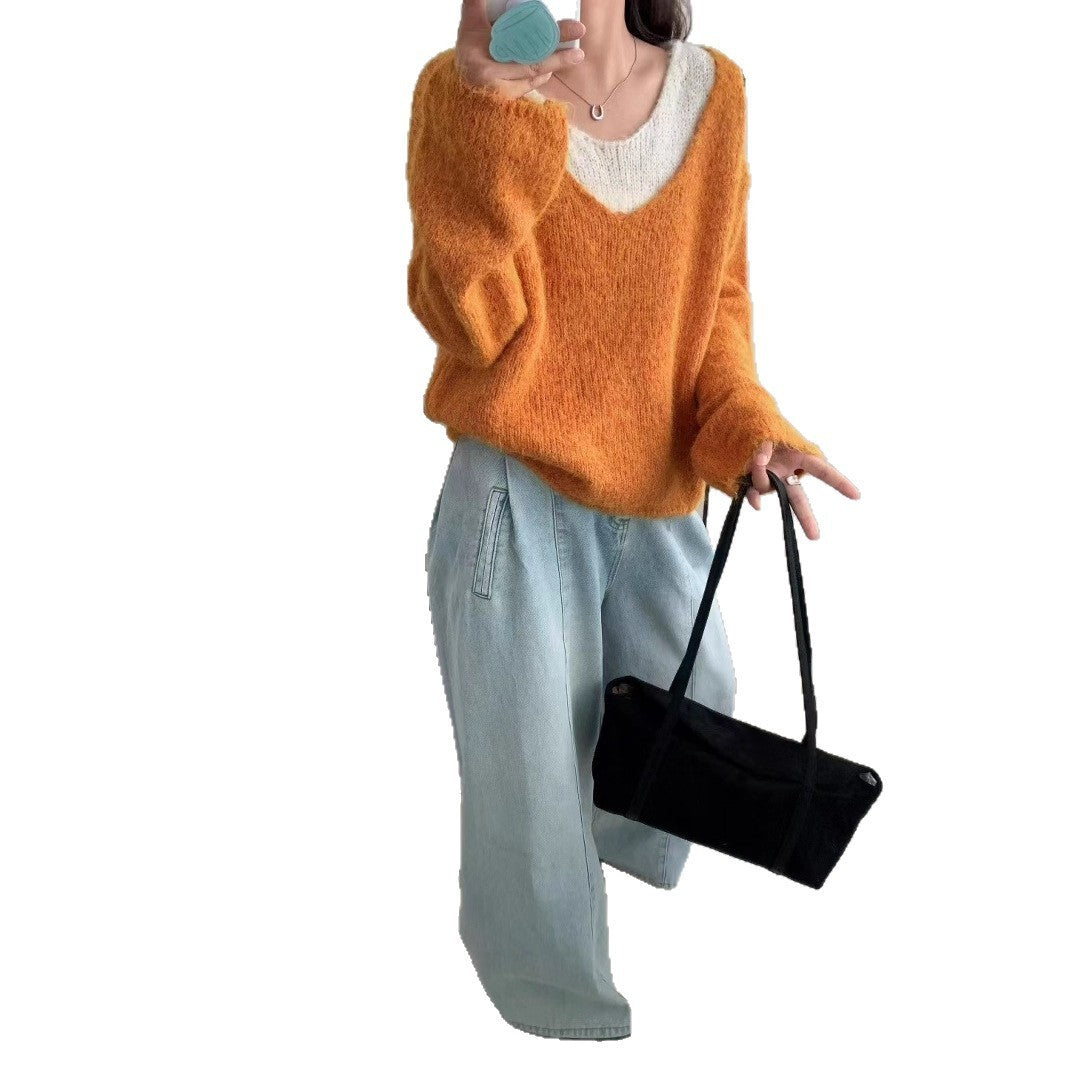 Laid-back Preppy Style Fake Two-piece Knitted Sweaters Top