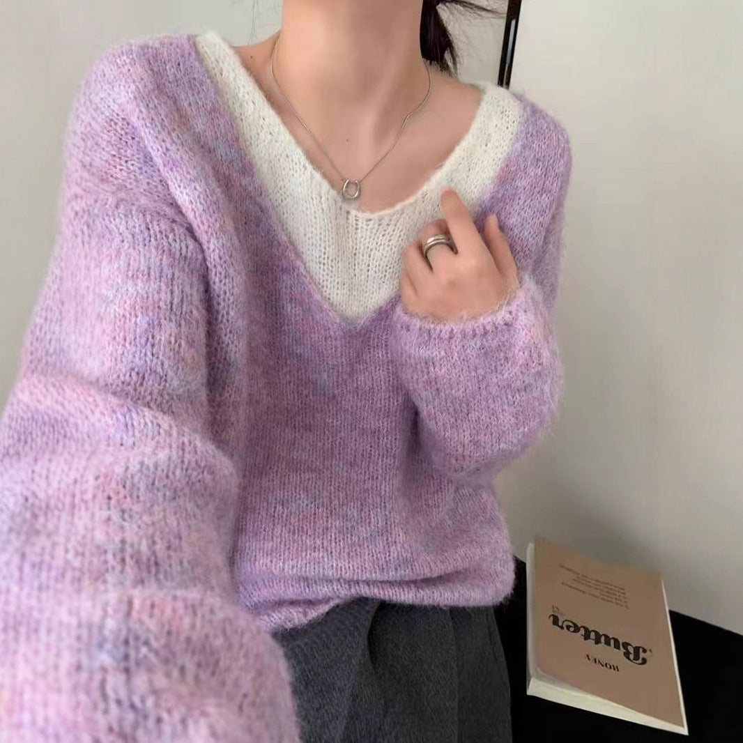 Laid-back Preppy Style Fake Two-piece Knitted Sweaters Top